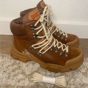 Gucci Brown Leather Hiking Boots with Cream Tongue